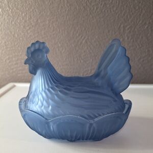 Blue Frosted Glass Hen on Nest Dish